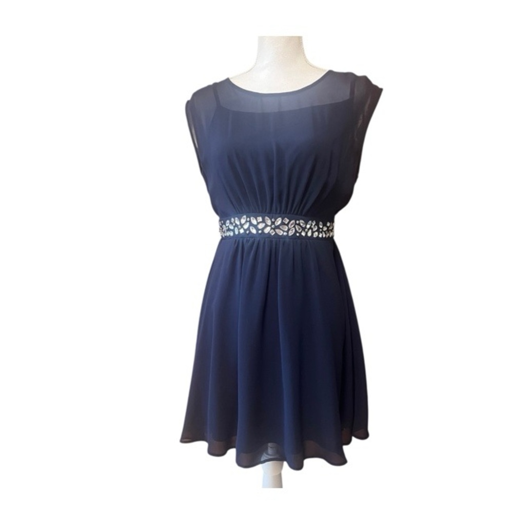 Venus Navy Chiffon Dress With Embellished Waist